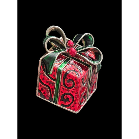 Vintage Pendant Brooch Signed MJ Christmas Present Pendant Enamel Red Green Gold - Picture 2 of 9